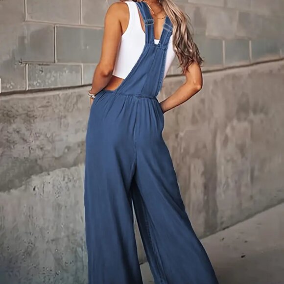 Deep Blue Wide Leg Bib Overalls - Picture 3 of 5